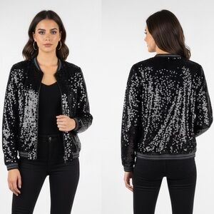 Chelsea & Theodore Women Black Sequined Bomber Jacket